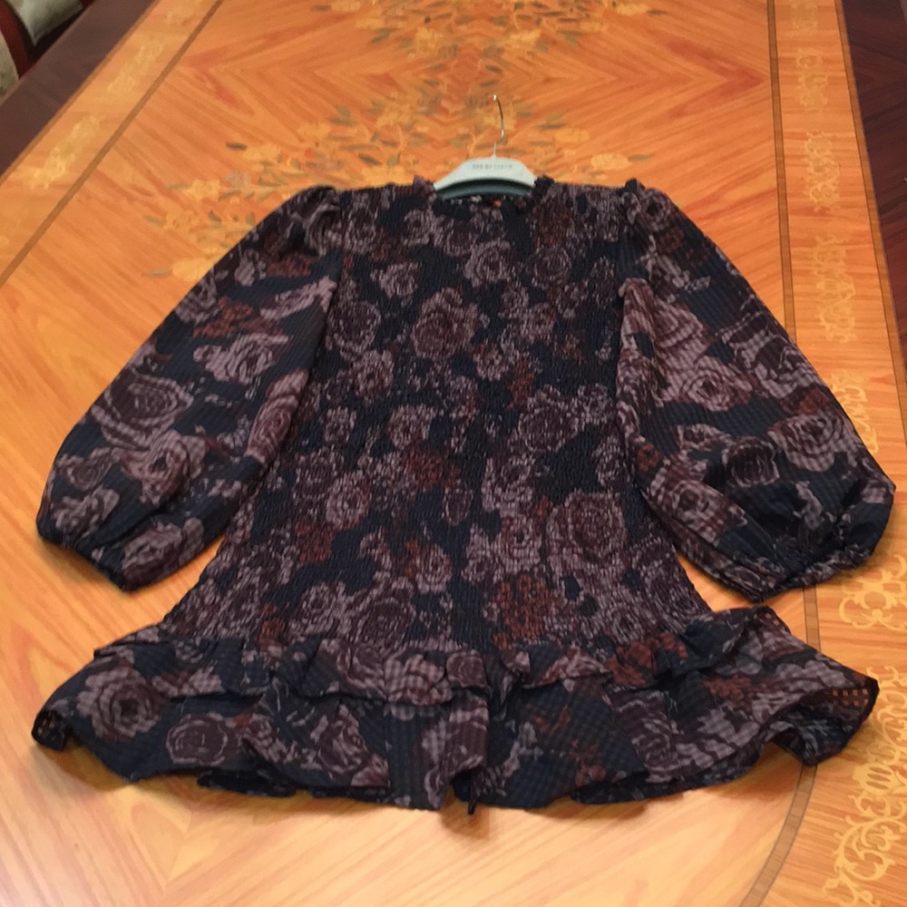 Zara puff sleeves Smocked Floral Print Ruffled Hem Mini Dress sz.XS - Picture 9 of 16